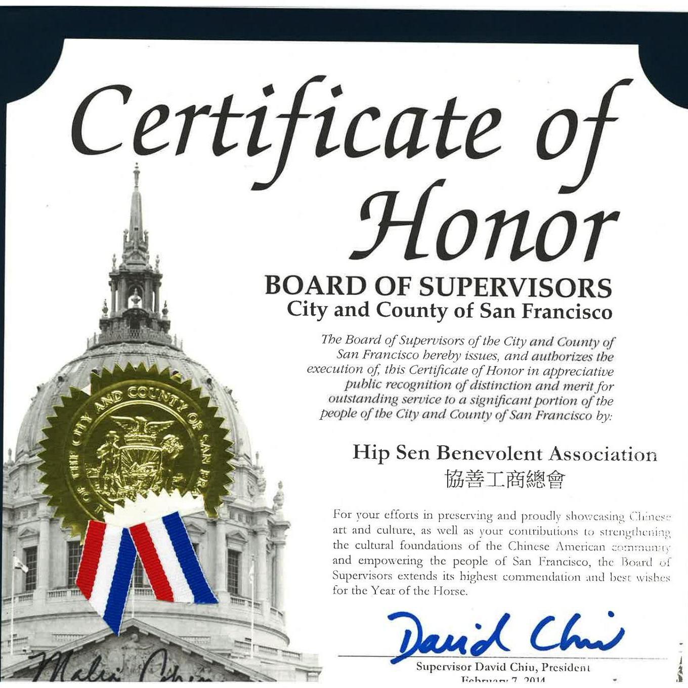 Certificate Of Honor（2014）BOARD OF SUPERVISORS City and County of San Francisco