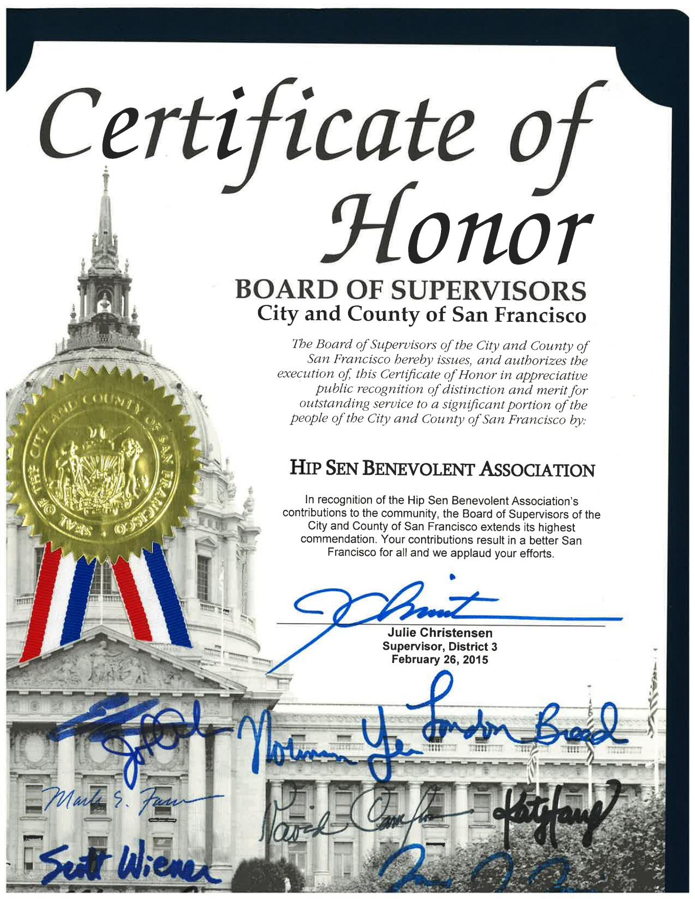 Certificate Of Honor（2015）BOARD OF SUPERVISORS City and County of San Francisco